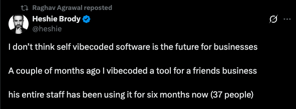 Heshie Brody tweet about vibecoding